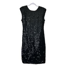 Vintage Sequins Sleeveless Formal Dress Sz 9/10 Black Lined Open Back Shiny